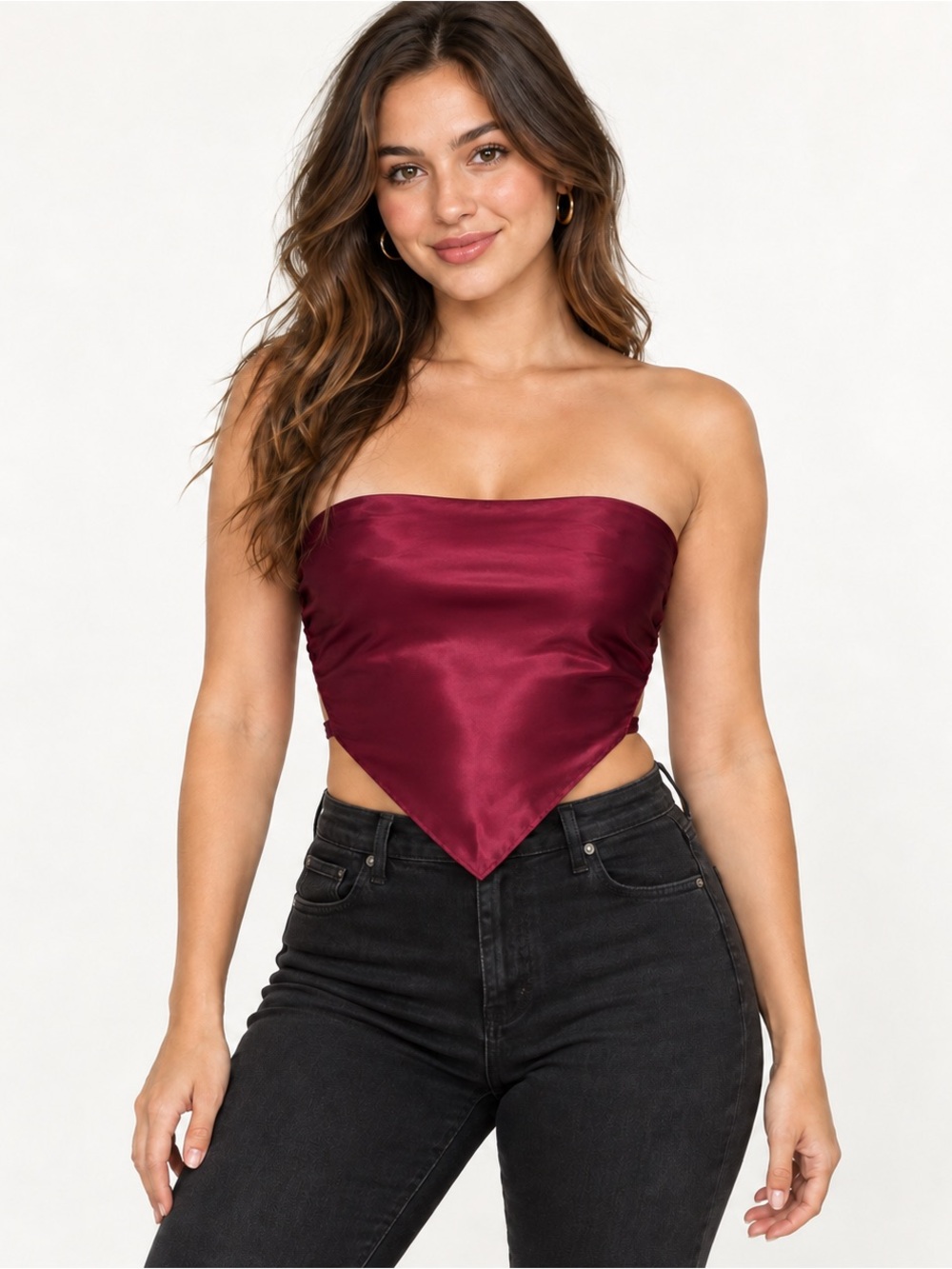 Burgundy Satin Handkerchief Bandeau Top Smocked Back Tie Front Wine Red Medium